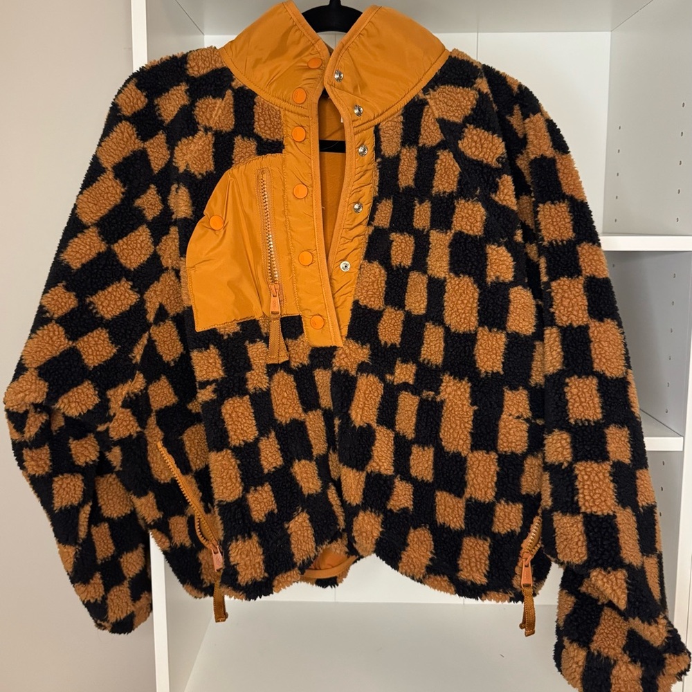 Free People Rocky Ridge Checkered Black and Orange Pullover Fleece Jacket